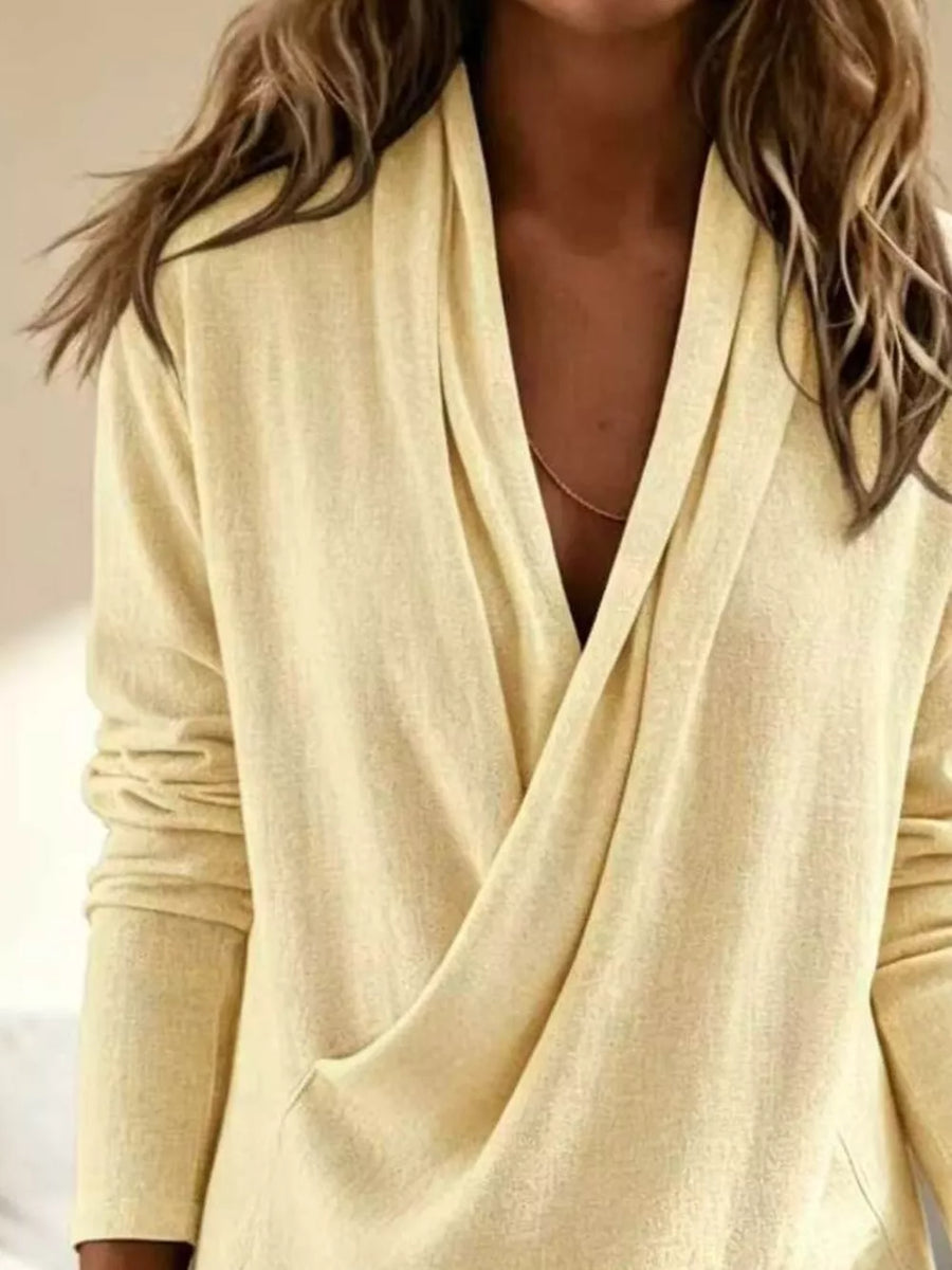 Full Size Wrap-front Long Sleeve Blouse in Burgundy with wrap-front