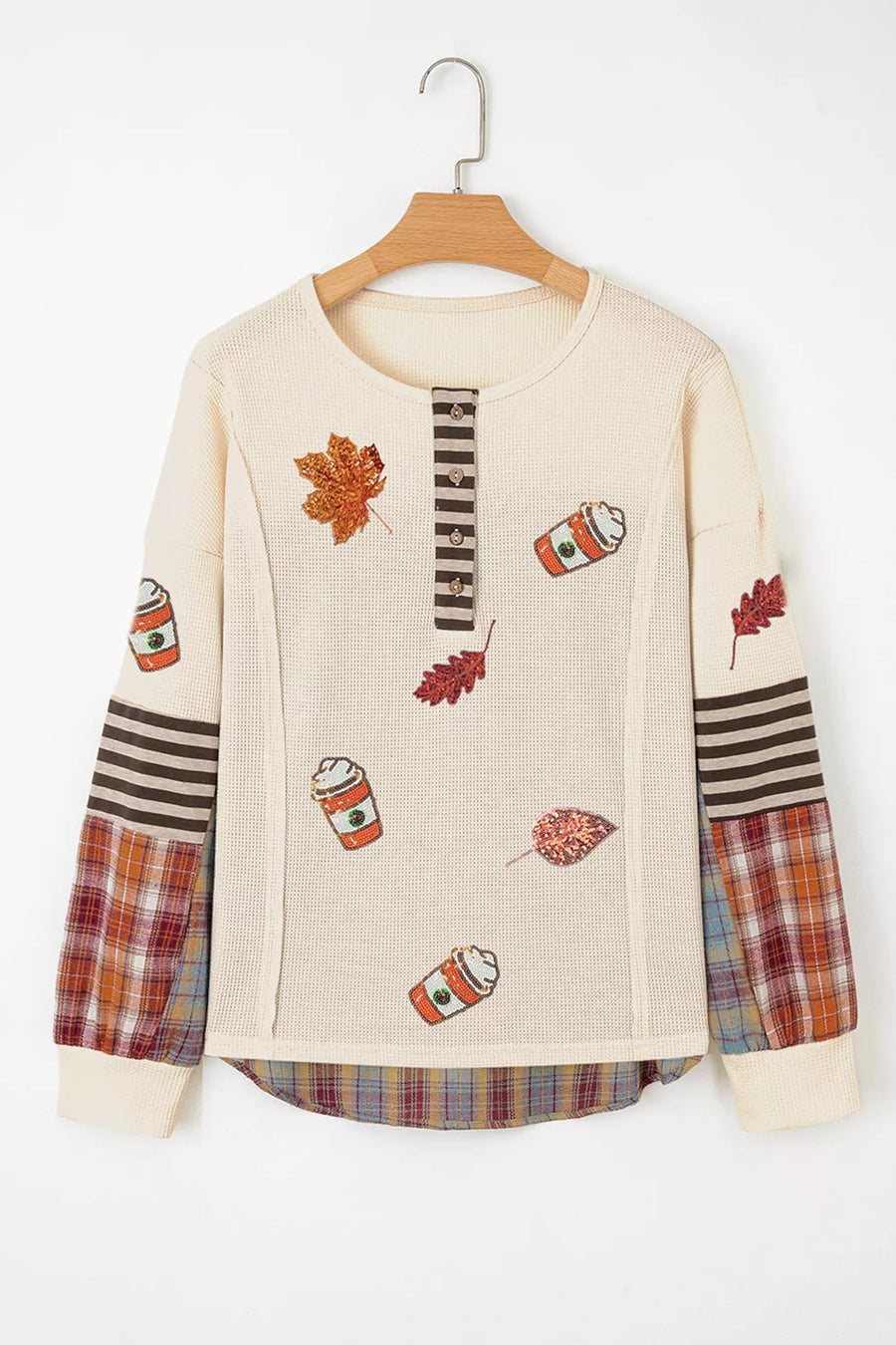 Sequin Autumn Leaf Coffee Cup Waffle Knit Top option 5