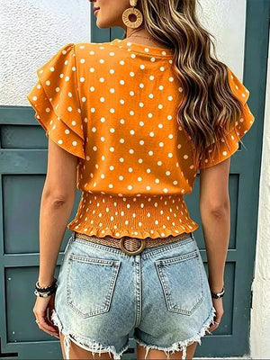 Polka Dot Ruffle Sleeve Blouse in White