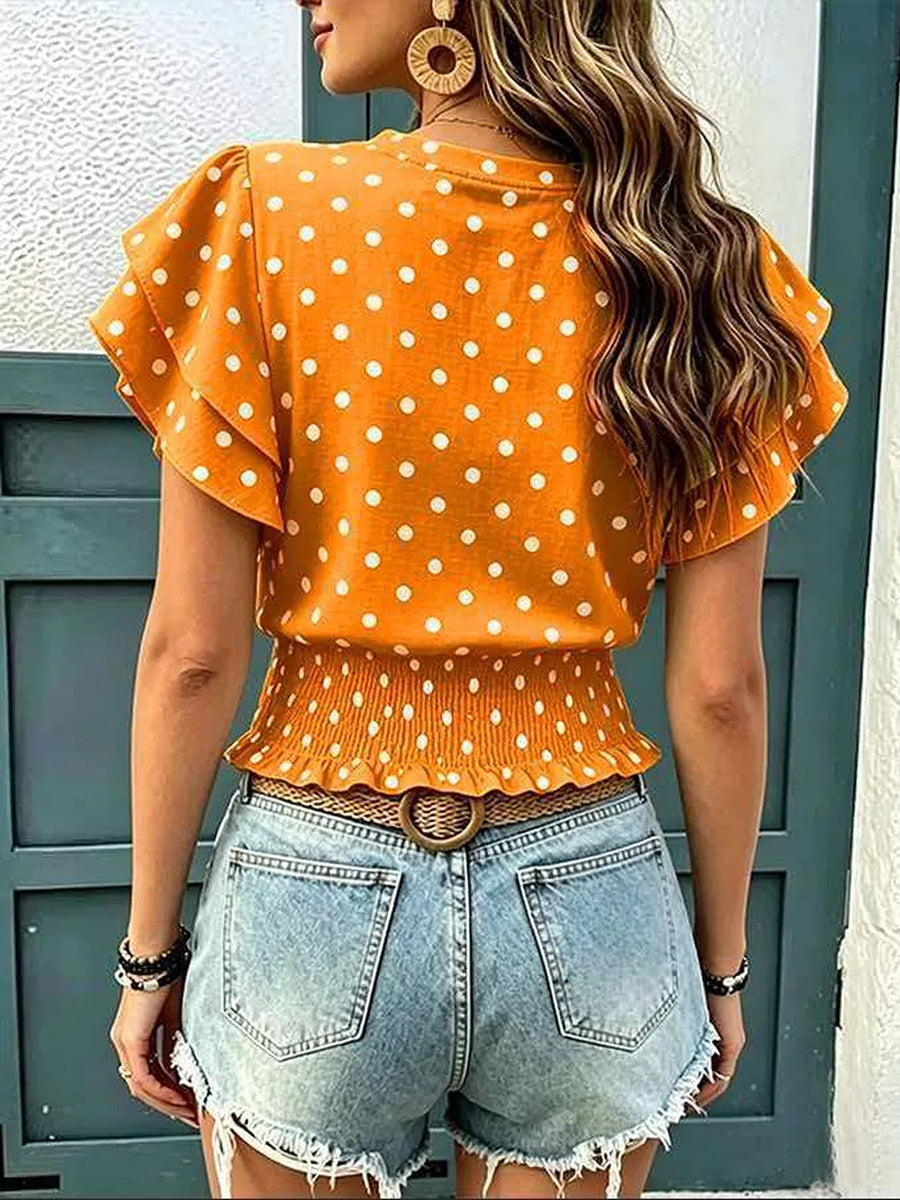 Polka Dot Ruffle Sleeve Blouse in White