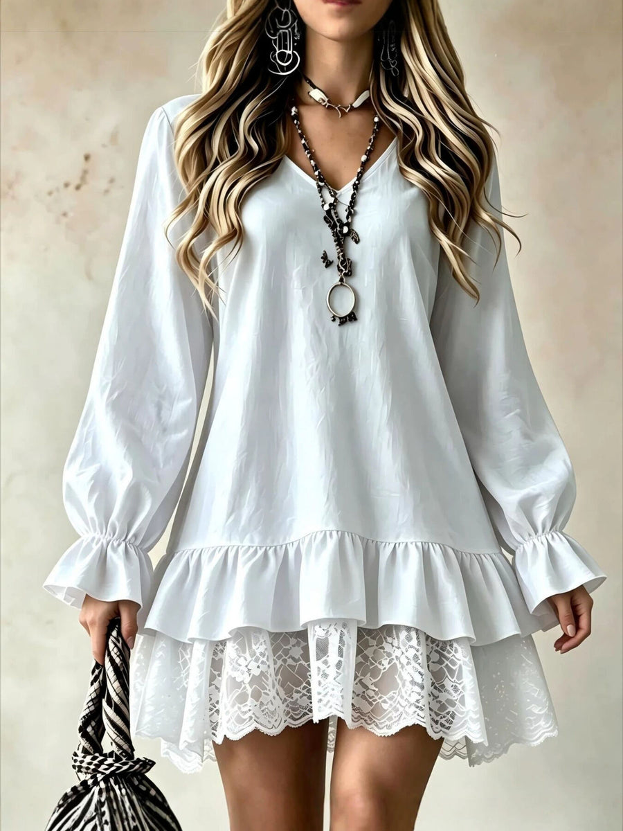 V-Neck Long Sleeve Ruffle Hem Lace Dress in Sky Blue with lace