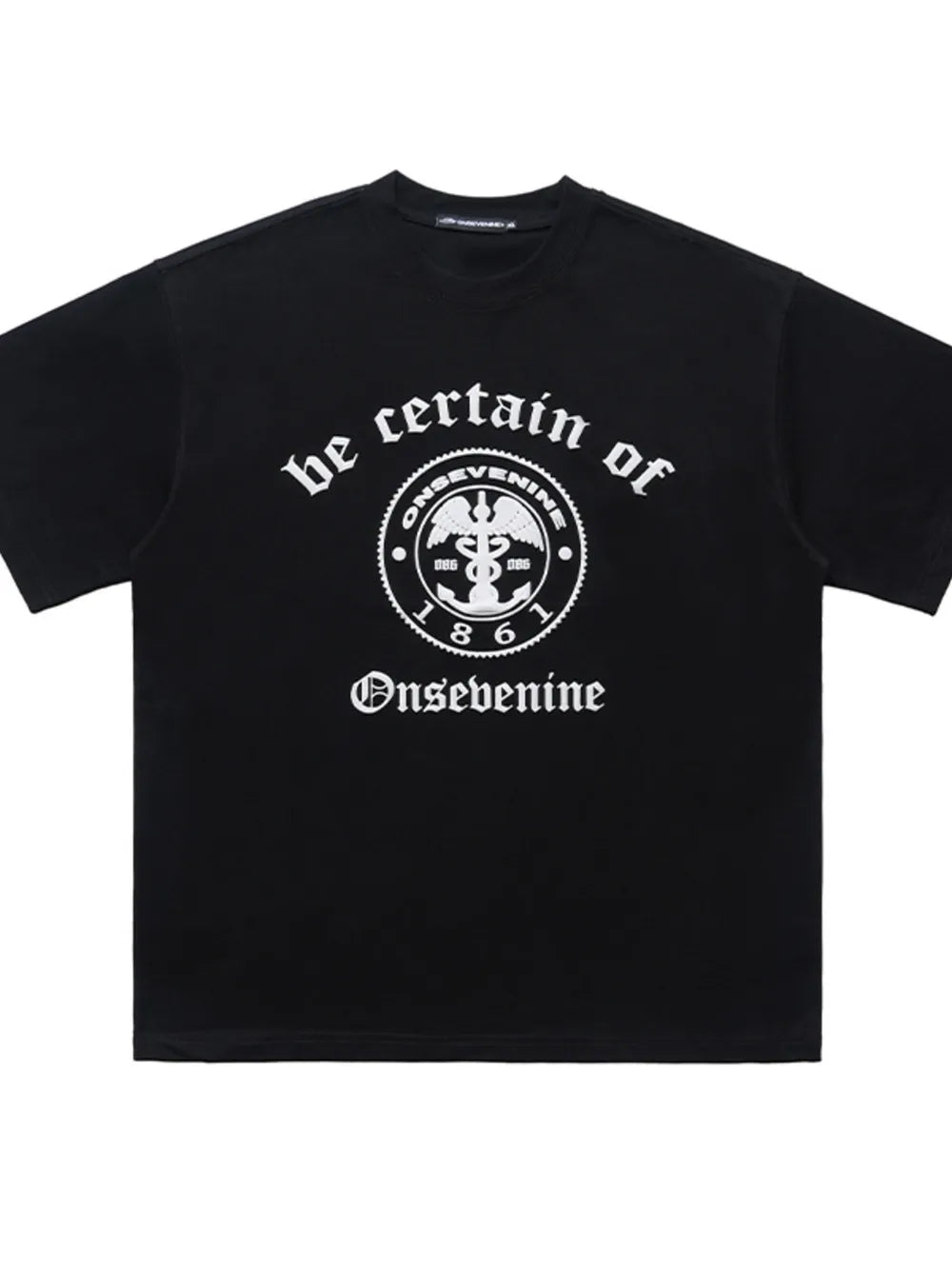 Black oversized graphic t-shirt with vintage-inspired print and crew neck.
