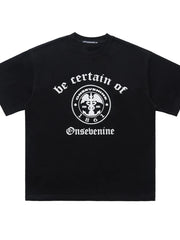 Black oversized graphic t-shirt with vintage-inspired print and crew neck.
