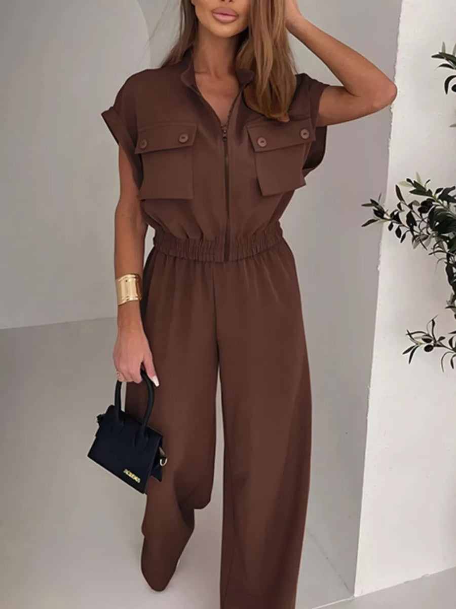 Brown short sleeve collared jumpsuit with zip front and elastic waist