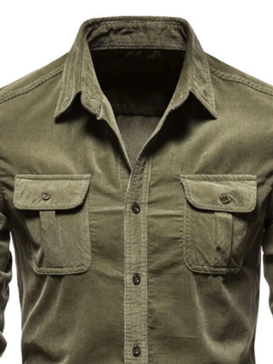 Moss corduroy utility shirt with button-down collar and two patch pockets.