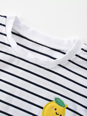 Baby t-shirt with navy stripes and a cheerful lemon applique.