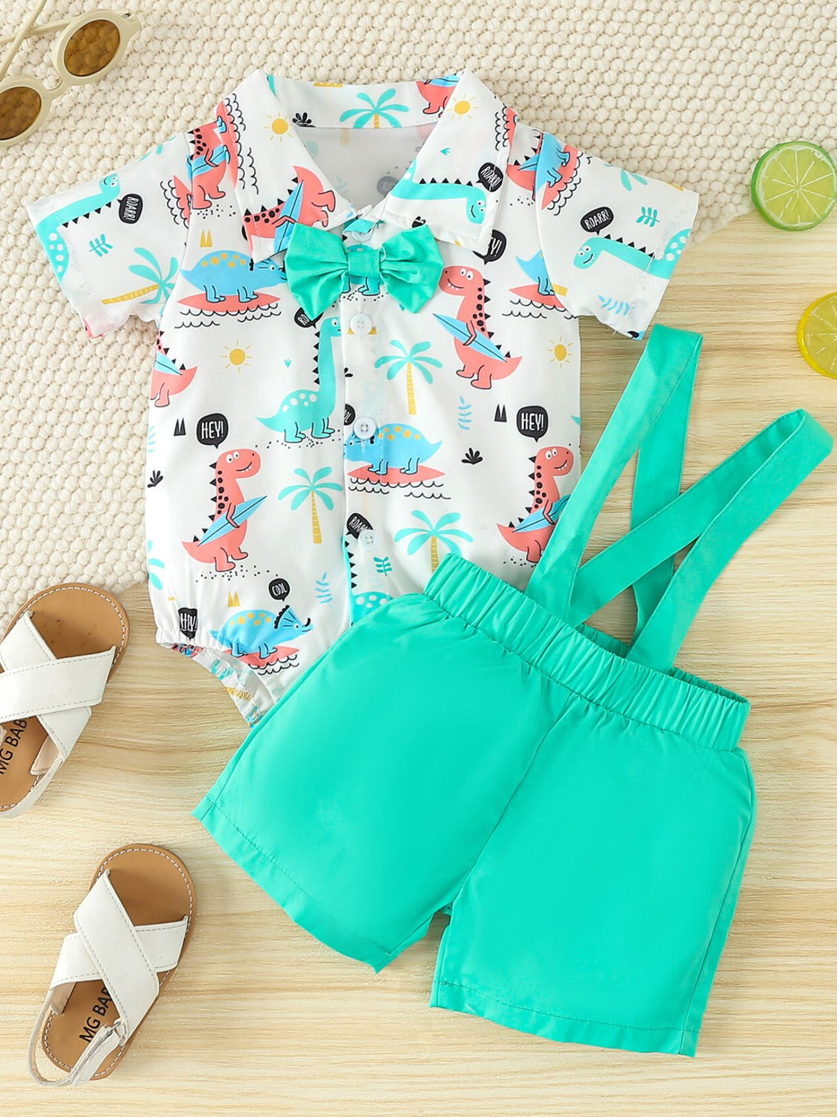 Baby cotton bodysuit set with dinosaur print, bow tie, and turquoise suspender shorts.