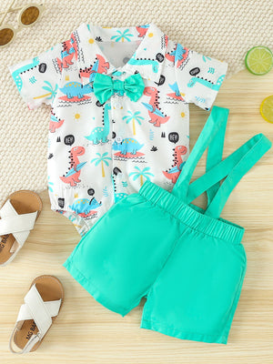 Baby cotton bodysuit set with dinosaur print, bow tie, and turquoise suspender shorts.