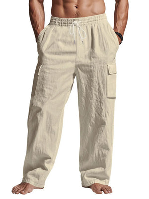 Beige relaxed-fit cargo pants with drawstring waist and side pockets.