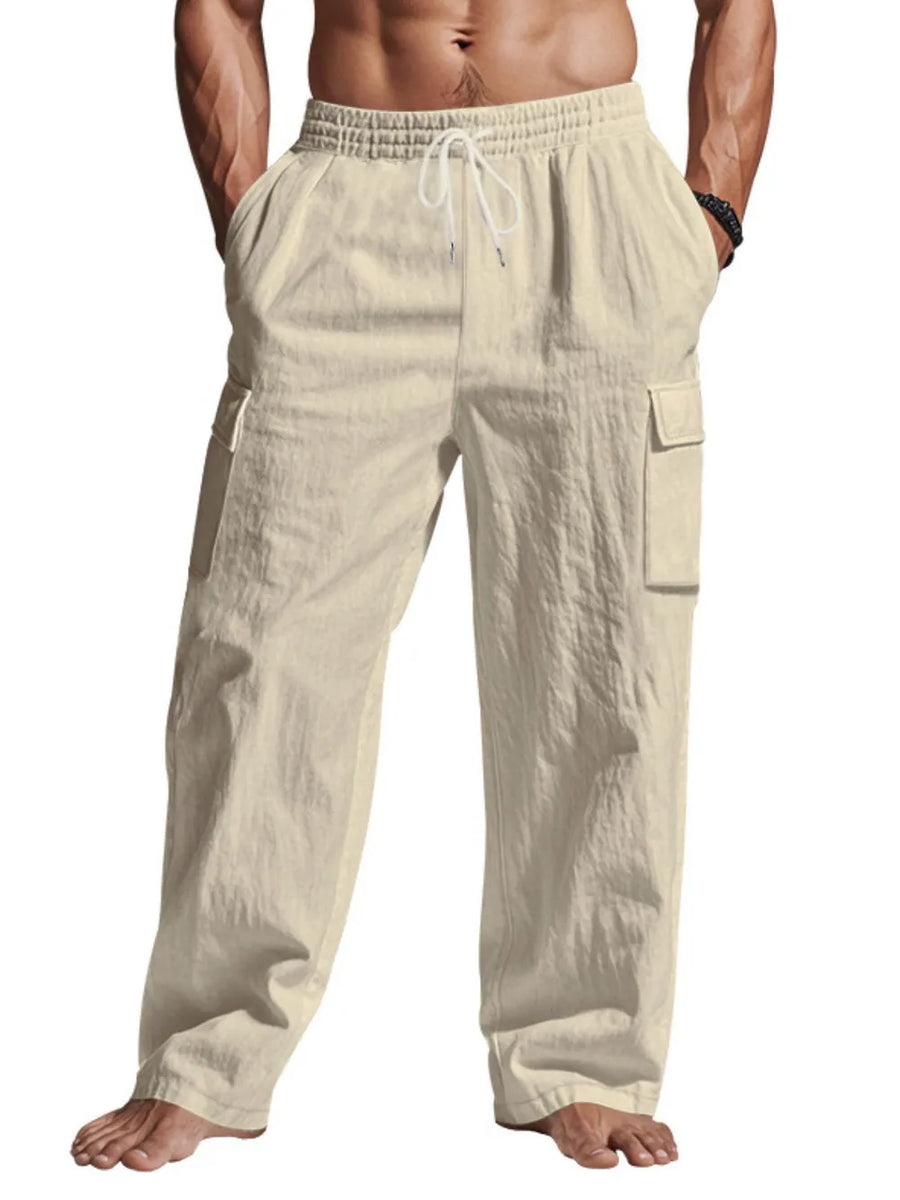 Beige relaxed-fit cargo pants with drawstring waist and side pockets.