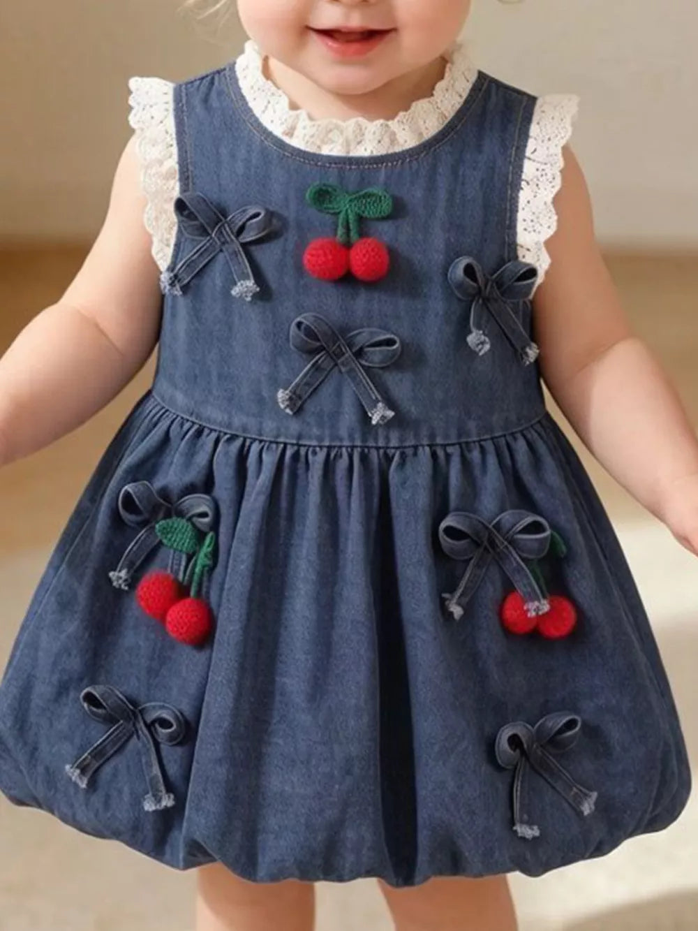 Navy Children's Denim Cherry Applique Dress