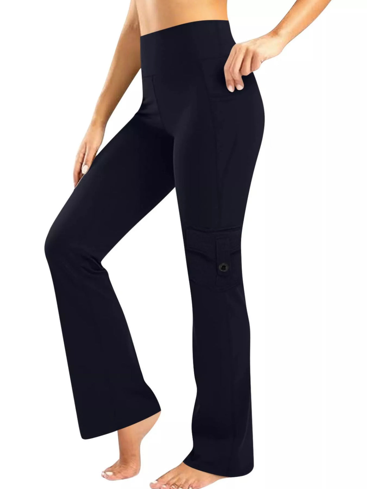 Navy high-waisted yoga pants with pockets and flared leg