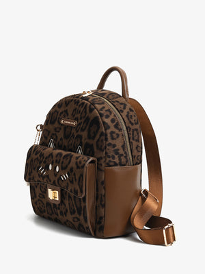 Brown leopard print mini backpack with cartoon cat face details and adjustable strap.
