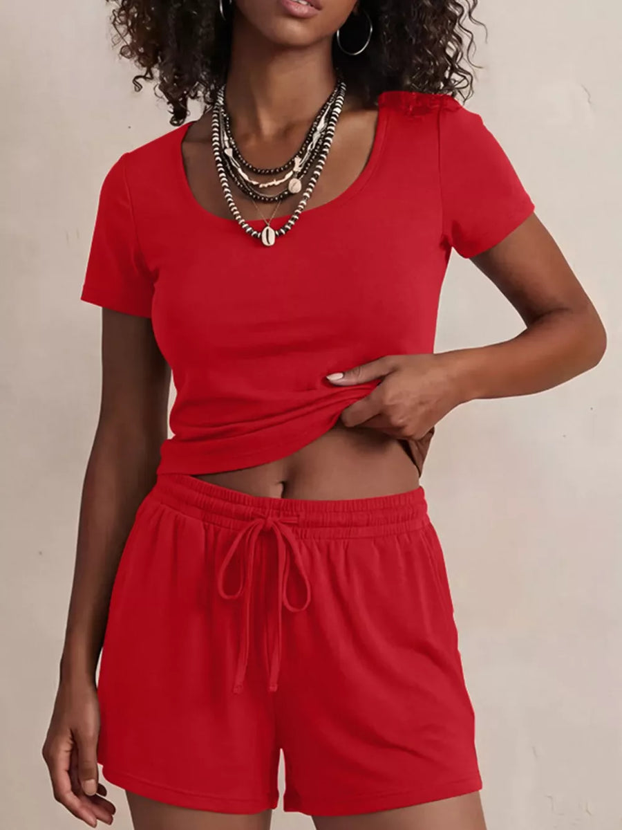 Bright Red scoop-neck tee and drawstring shorts set.