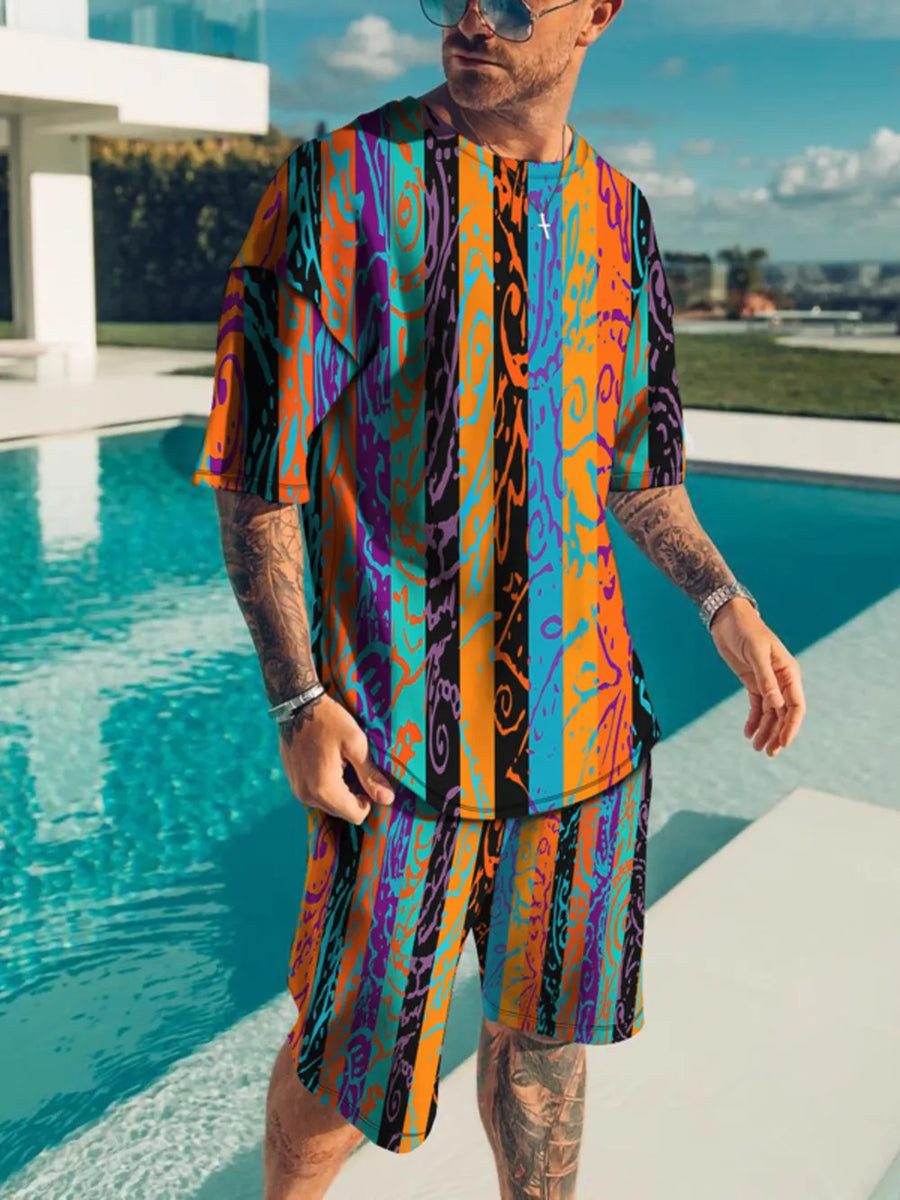 Gold Men's Full Size Striped Short Sleeve Top & Shorts Set