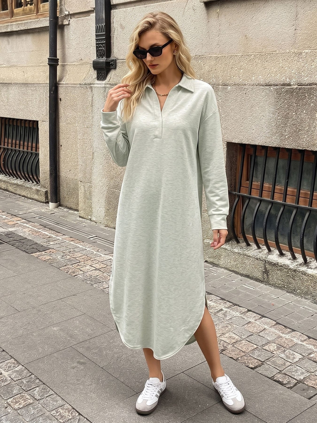 midi dress in sage green featuring slit and relaxed fit