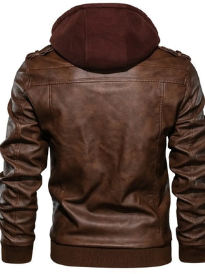 Black with Men's Full Size Hooded Faux Leather Motorcycle Jacket in Black