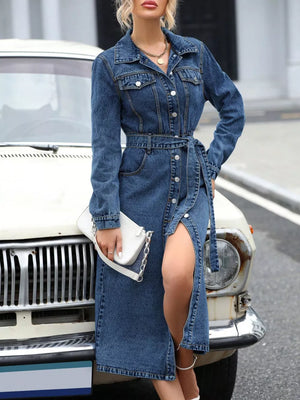 Belted Long Sleeve Denim Dress in Light Blue