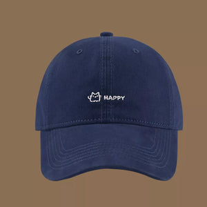 Navy blue cotton baseball hat with embroidered cat and happy text