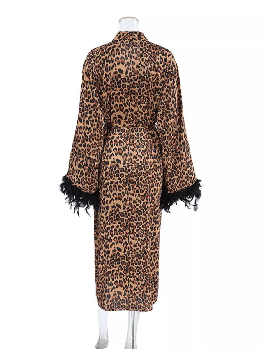 black robe with feather trim and long sleeve