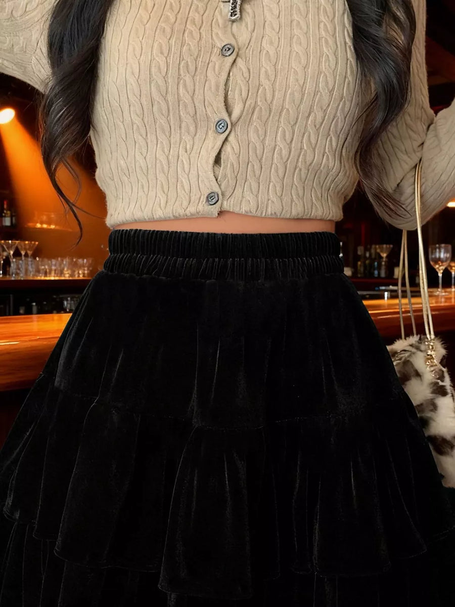 Black velvet tiered mini skirt with elastic waistband