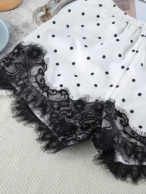 Polka Dot Lace Trim Cami Cardigan Shorts Set in White