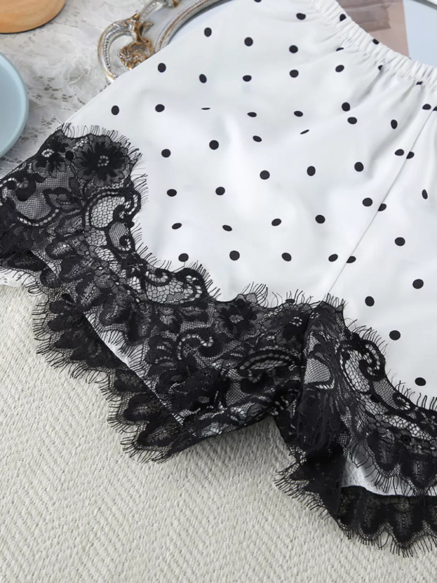 Polka Dot Lace Trim Cami Cardigan Shorts Set in White