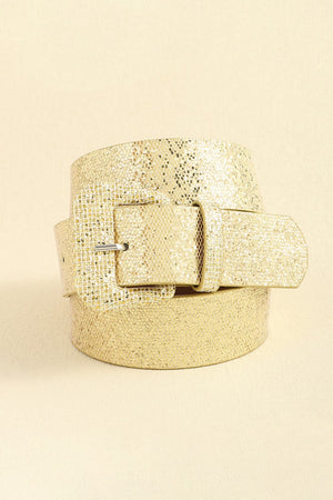 Gold glitter belt with a square buckle and textured finish.