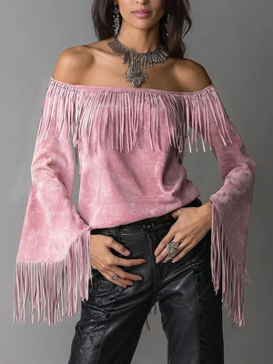 camel off-shoulder top with plus-size and bell sleeve