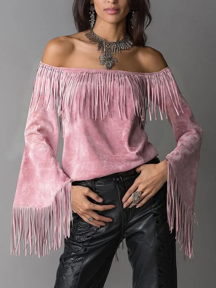 camel off-shoulder top with plus-size and bell sleeve