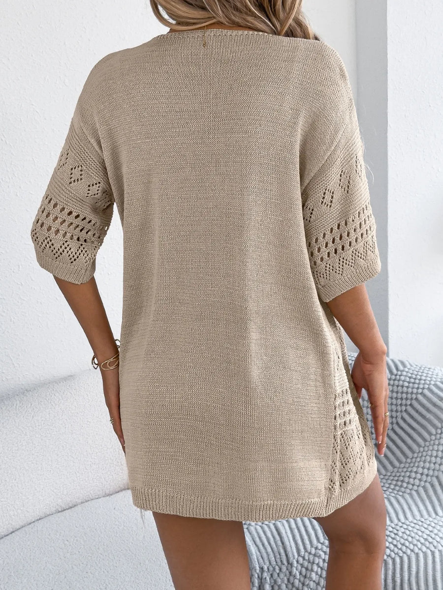 Tan open-knit short sleeve duster cardigan with diamond pattern detail on sleeves and sides.