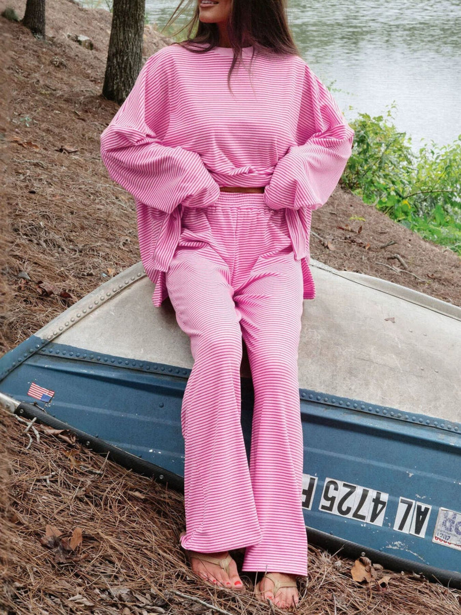 light pink pajama set featuring two-piece and striped