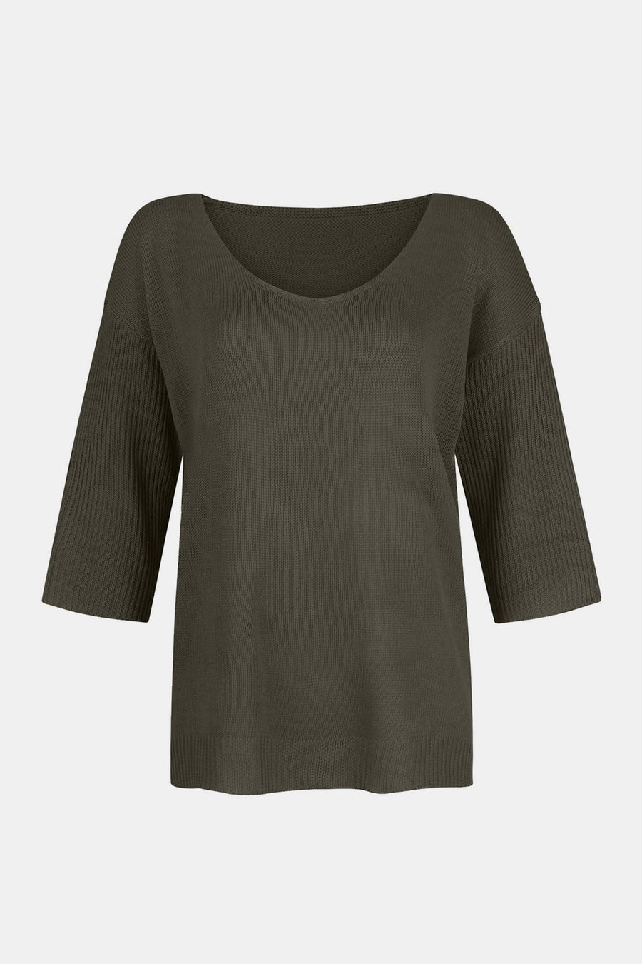 Flared sleeve v-neck knit top in Gum Leaf with ribbed sleeves.
