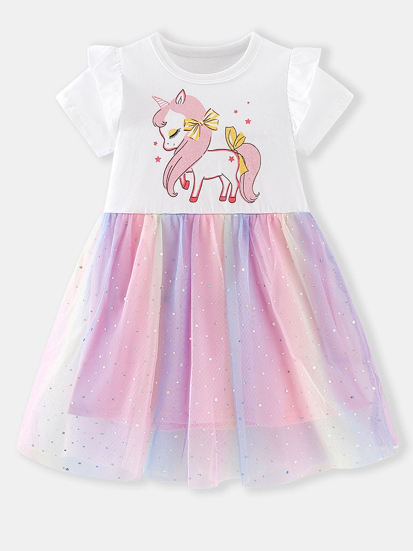 White cotton toddler dress with unicorn graphic and rainbow glitter tulle skirt.