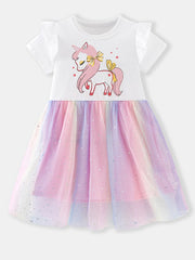 White cotton toddler dress with unicorn graphic and rainbow glitter tulle skirt.
