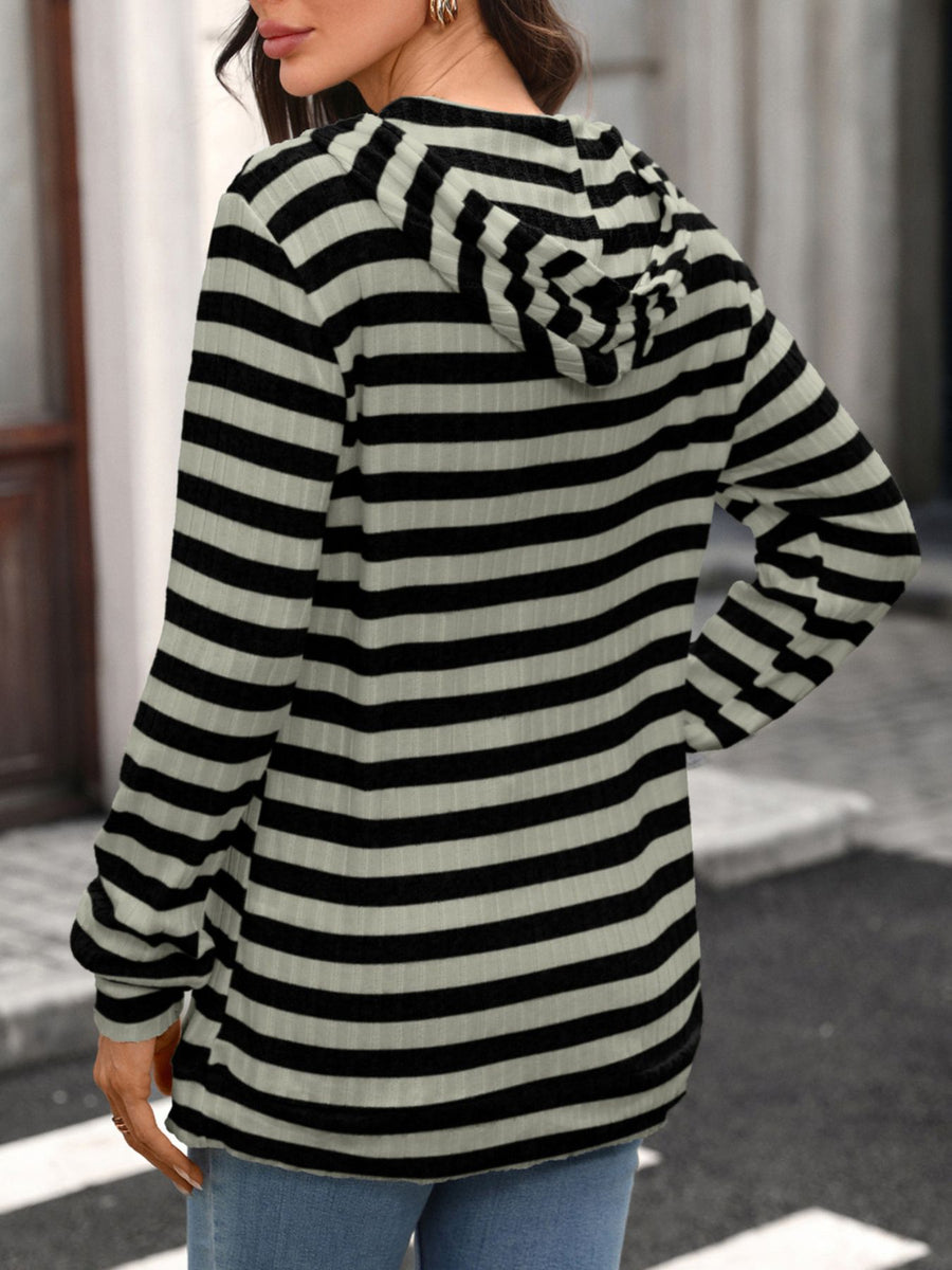Casual Striped Ribbed Knit Hoodie in Apricot White Stripes with ribbed