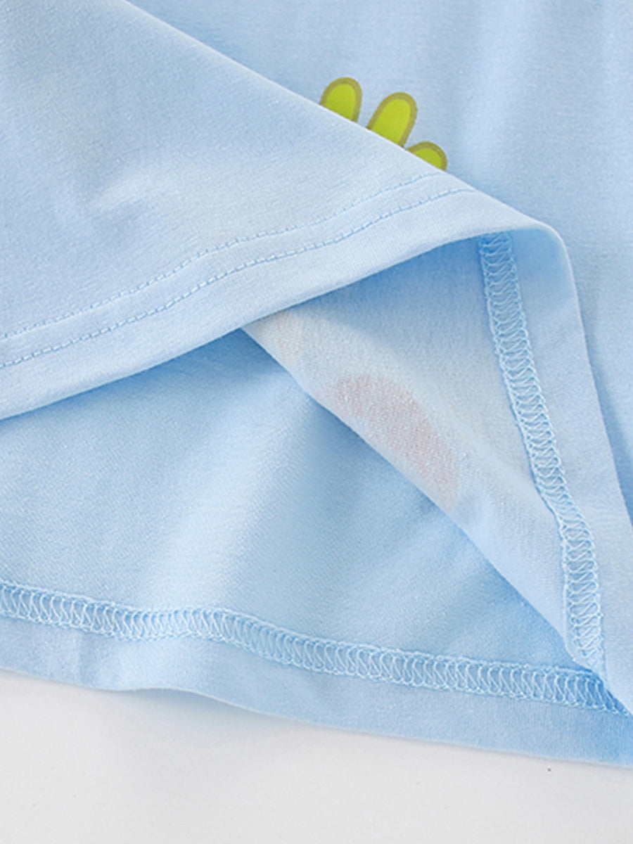 Light blue cotton t-shirt with cartoon farm print detail.