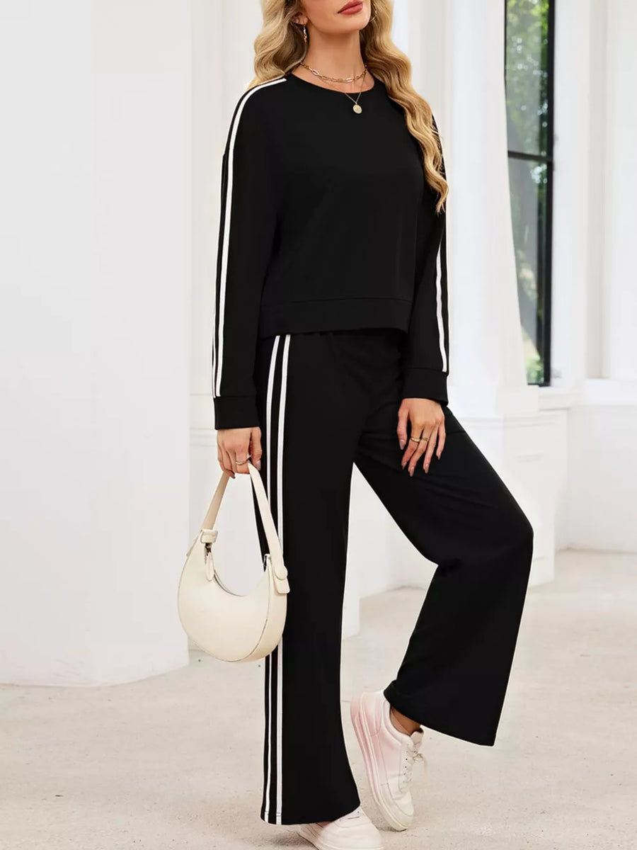 Black with Striped Round Neck Sweatshirt And Pants Set