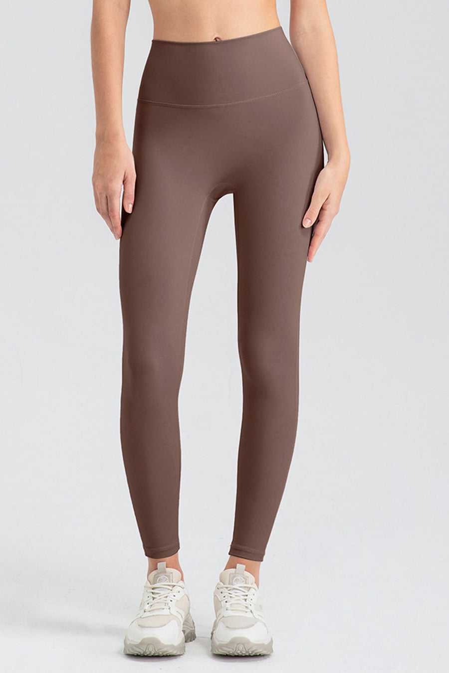 ChicFit high rise leggings in mocha, full length, seamless design.