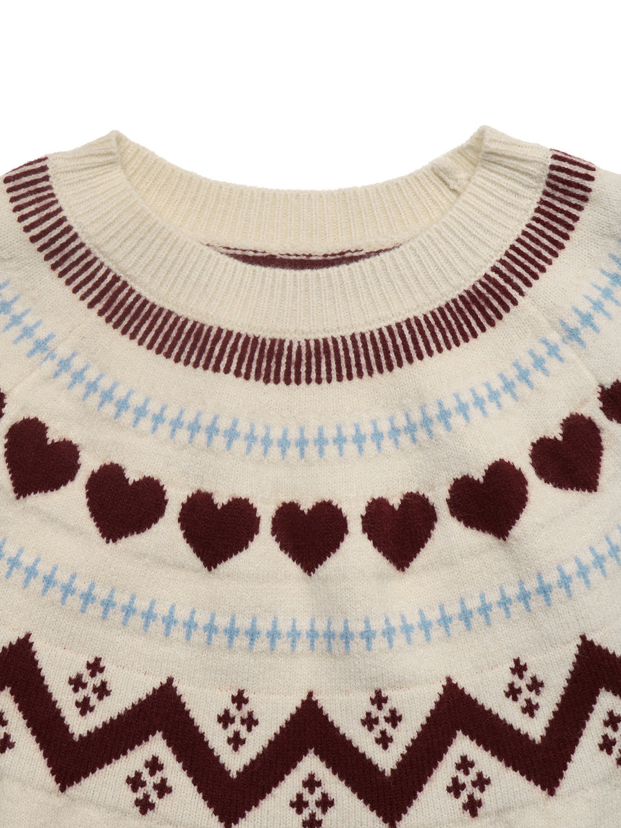 crewneck sweater featuring fair isle in burgundy with 45% acrylic, 29% polyester, 26% polyamide Care instructions: Machine