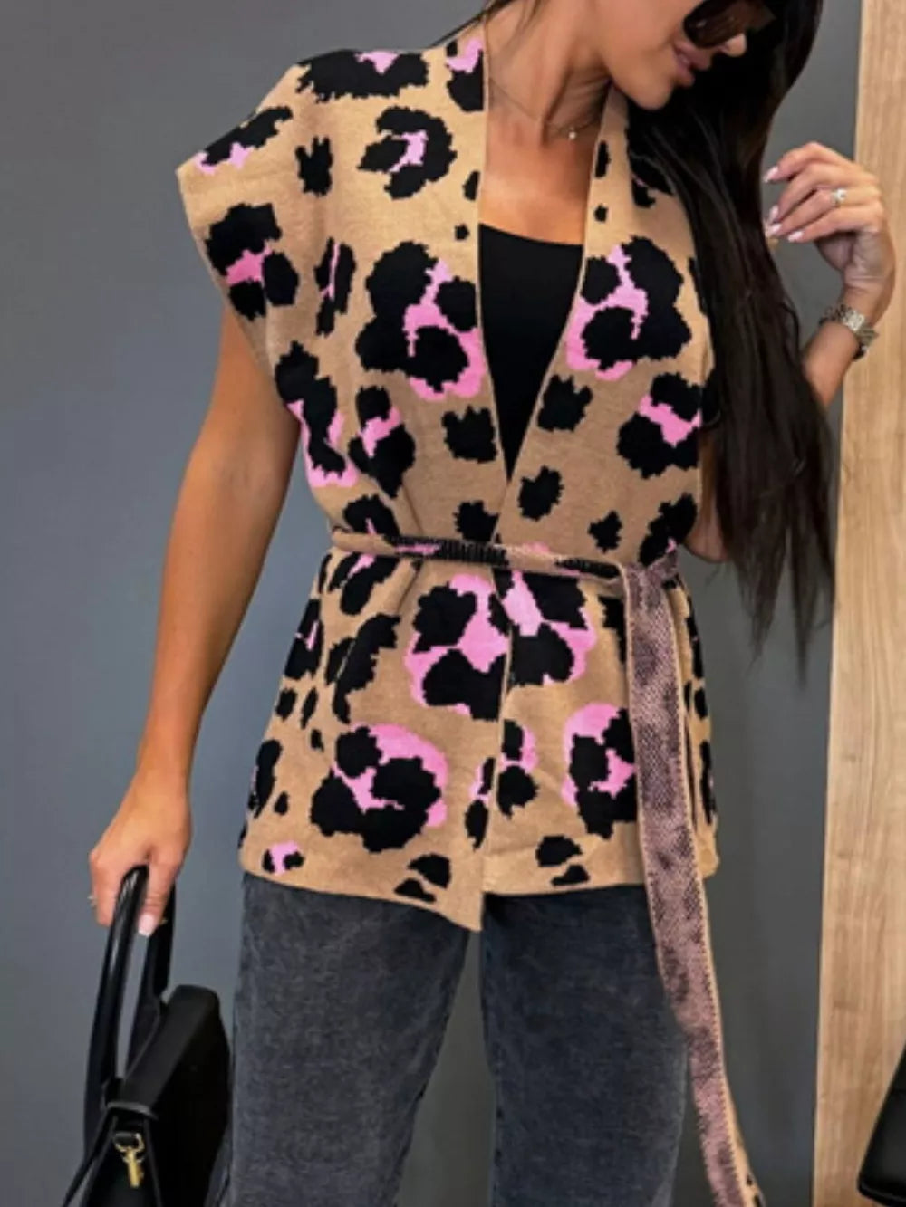 black cardigan featuring belted and leopard-print