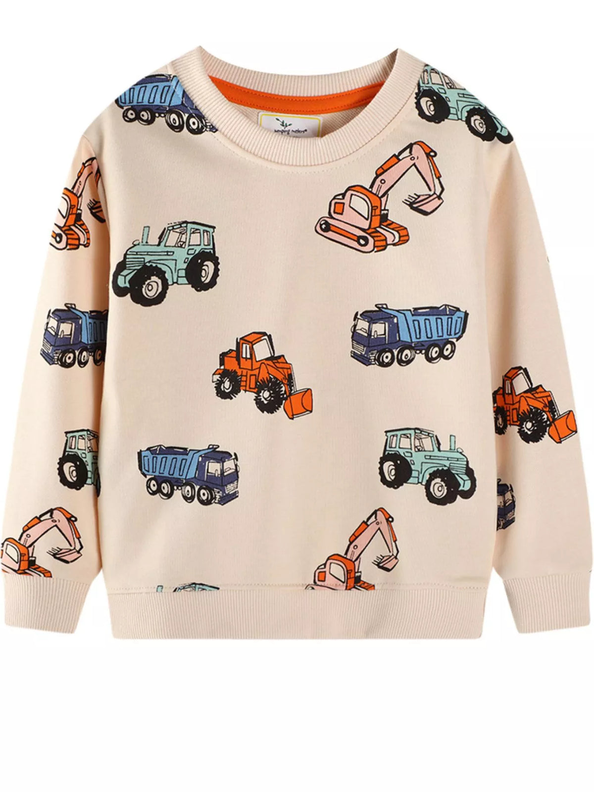 Tan crew-neck sweatshirt with allover cartoon construction vehicle print.