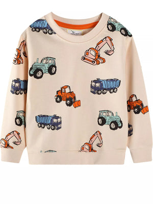 Tan crew-neck sweatshirt with allover cartoon construction vehicle print.