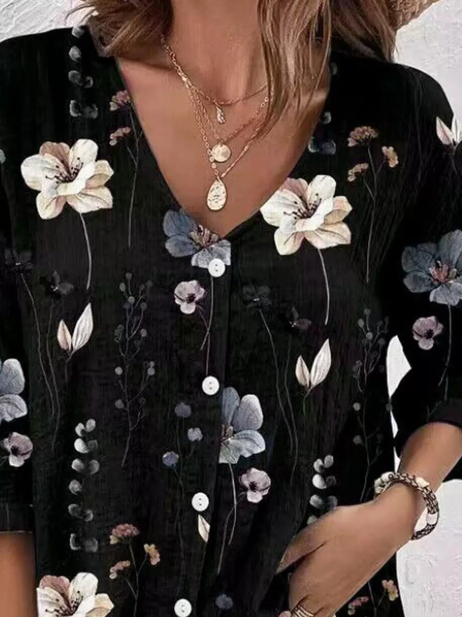 cream button-down shirt with button-front and floral