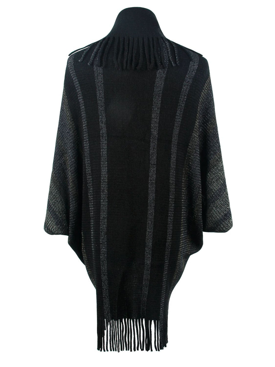 Black knit capelet with vertical metallic stripes and fringe detail at neckline and hem.