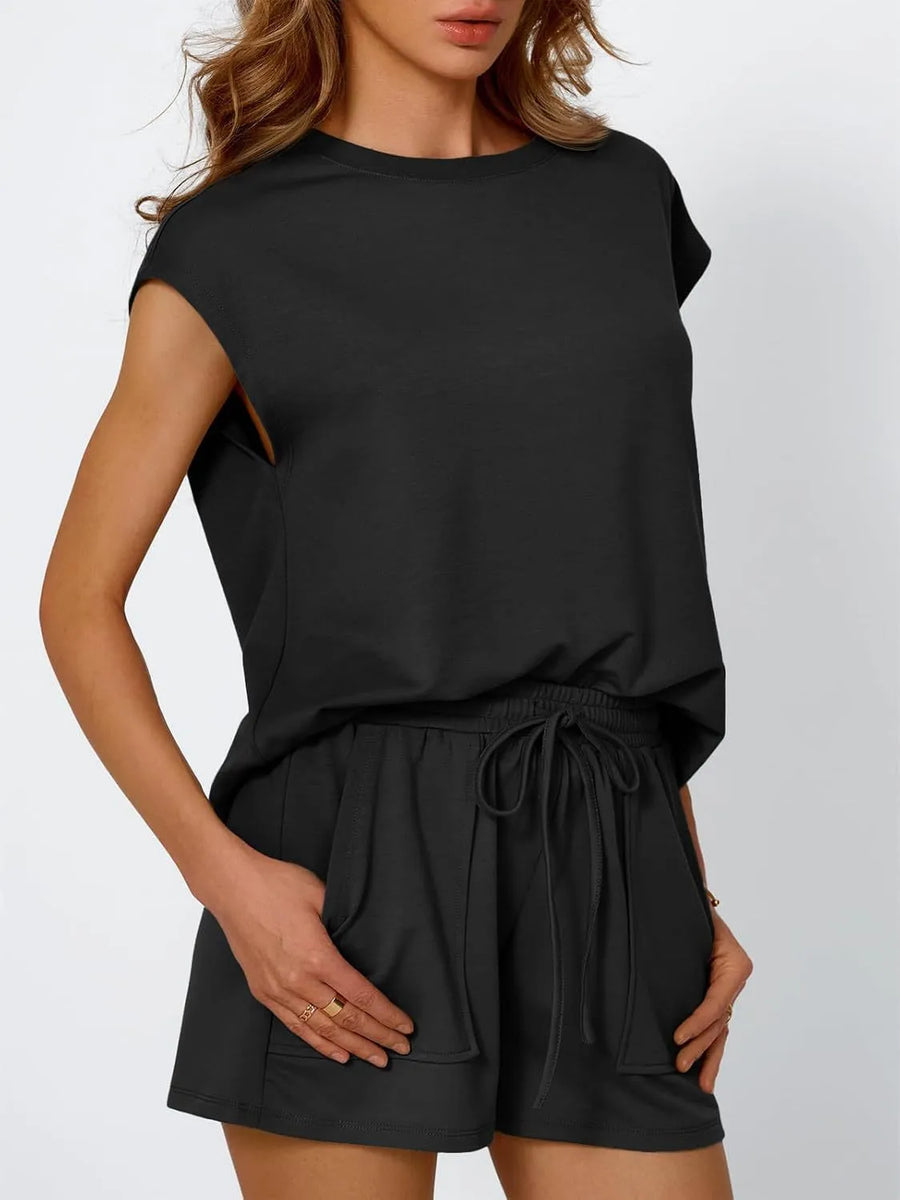 Black relaxed fit drawstring short set with cap sleeves and side pockets.