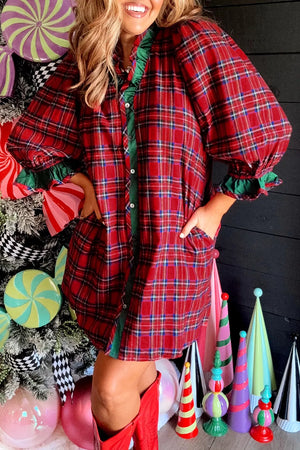 Deep Red with Plaid Ruffle Cuff Button Front Mini Dress in Deep Red