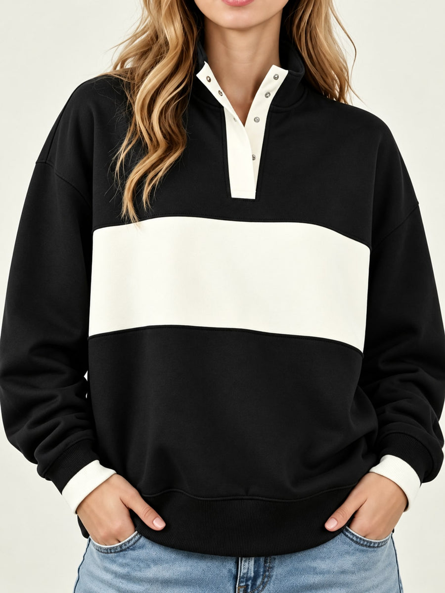 sweatshirt in terracotta with color-block, abstract-print and buttoned