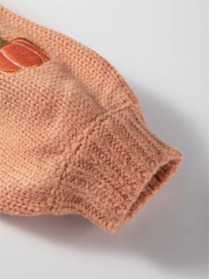 Sherbet knit midi cardigan with embroidered pumpkin detail on sleeve.