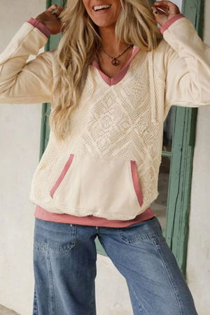 ivory pullover hoodie with geometric and hooded